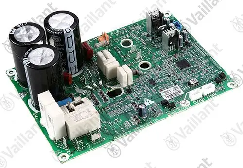 Leiterplatte von Vaillant für Inverter-Klimaanlagen, bestückt mit Kondensatoren, Relais und Anschlüssen, auf grünem Trägermaterial.